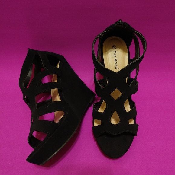 Black Open Toe Ankle Suede Strappy Wedges - Picture 2 of 8